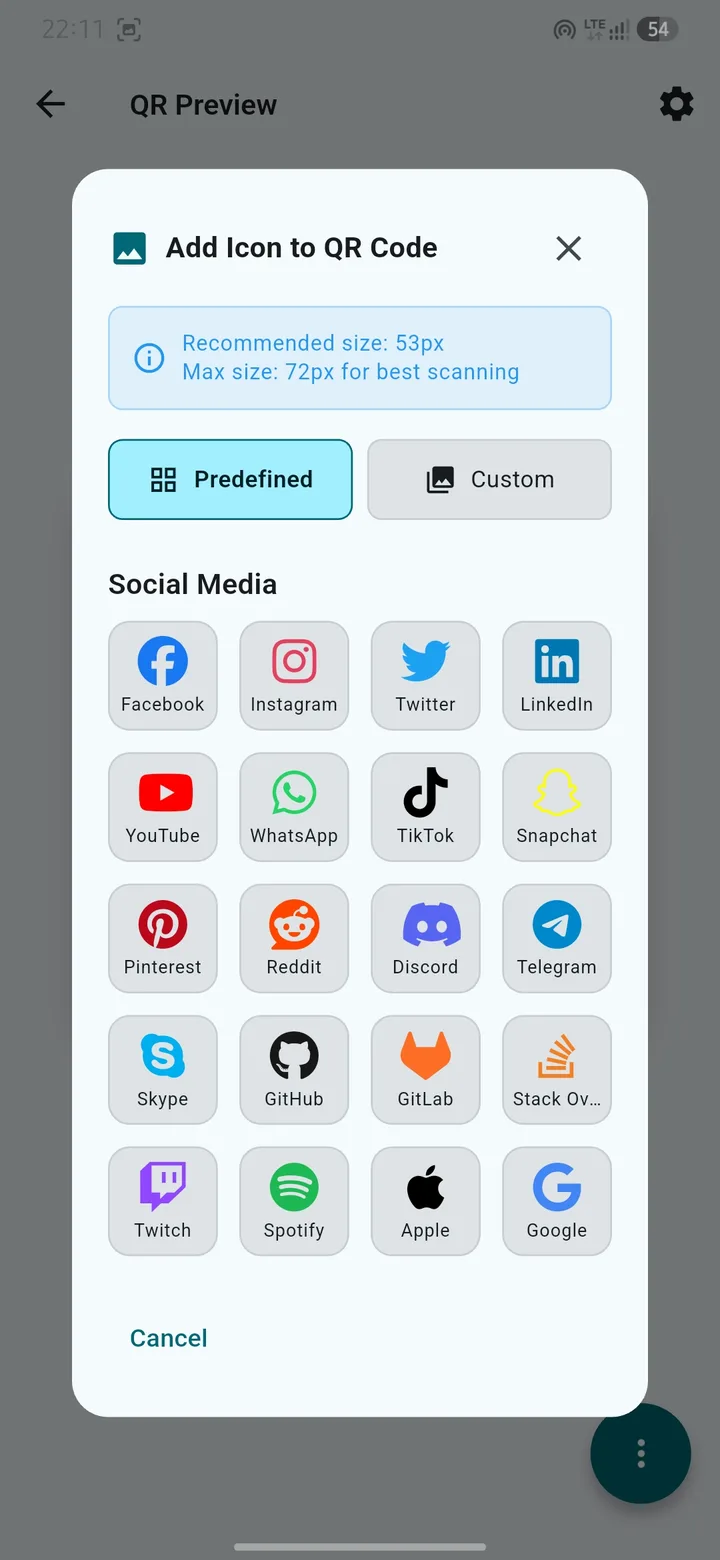 QR Snap Add Icon with predefined social logos