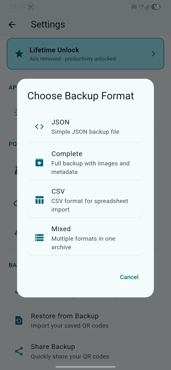 QR Snap Choose Backup Format: JSON, Complete, CSV, Mixed