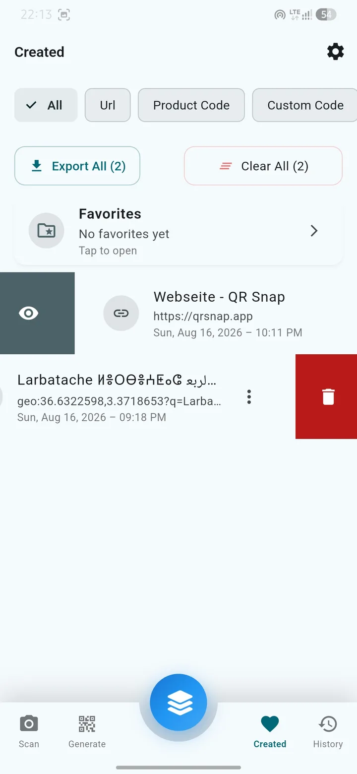 QR Snap Created tab of generated codes