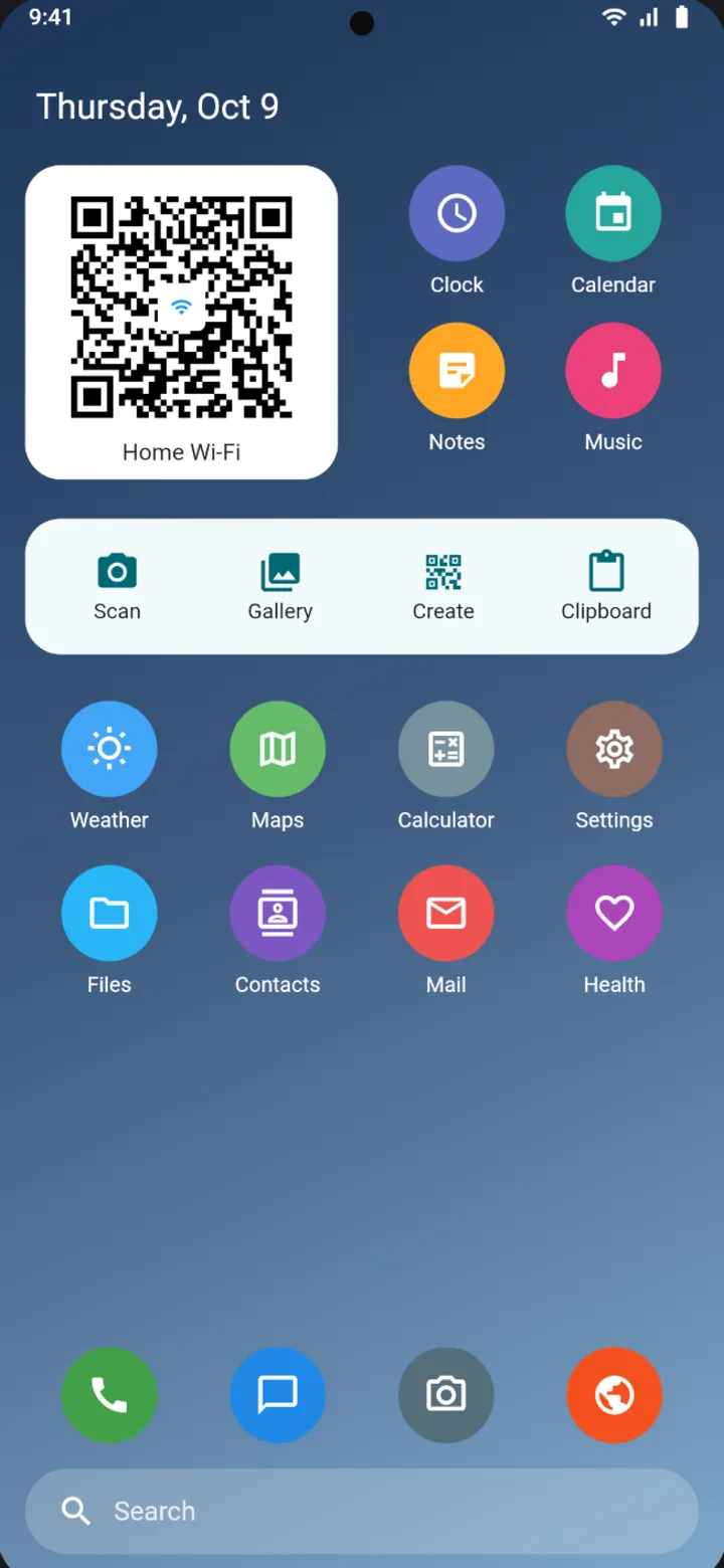 Android home screen with the QR Snap Pinned QR widget showing a Wi-Fi code and the Quick actions widget