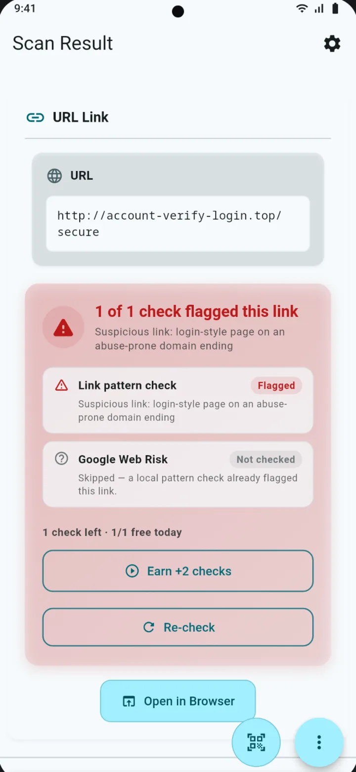 QR Snap scan result warning that a link pattern check flagged a login-style phishing page