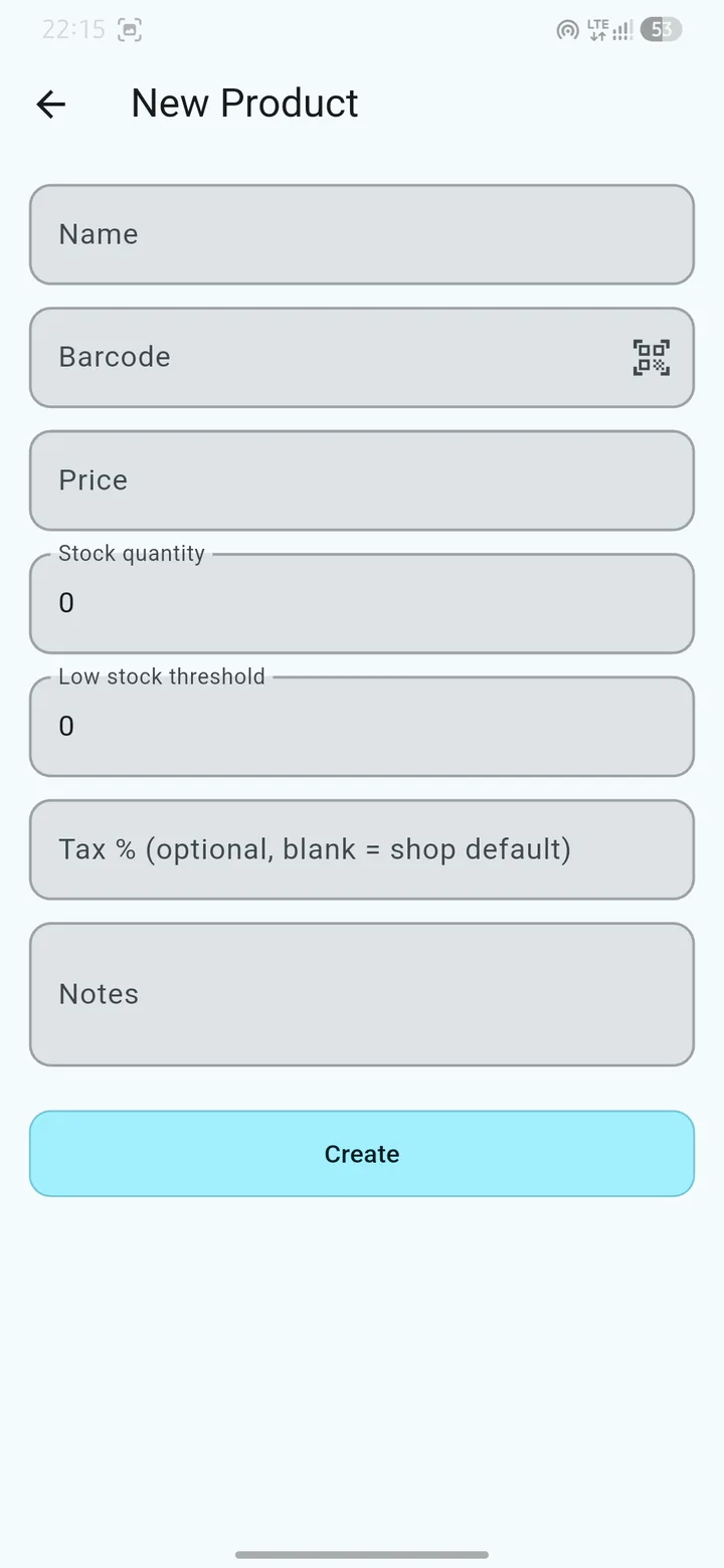 QR Snap New Product form, add one item or import a file