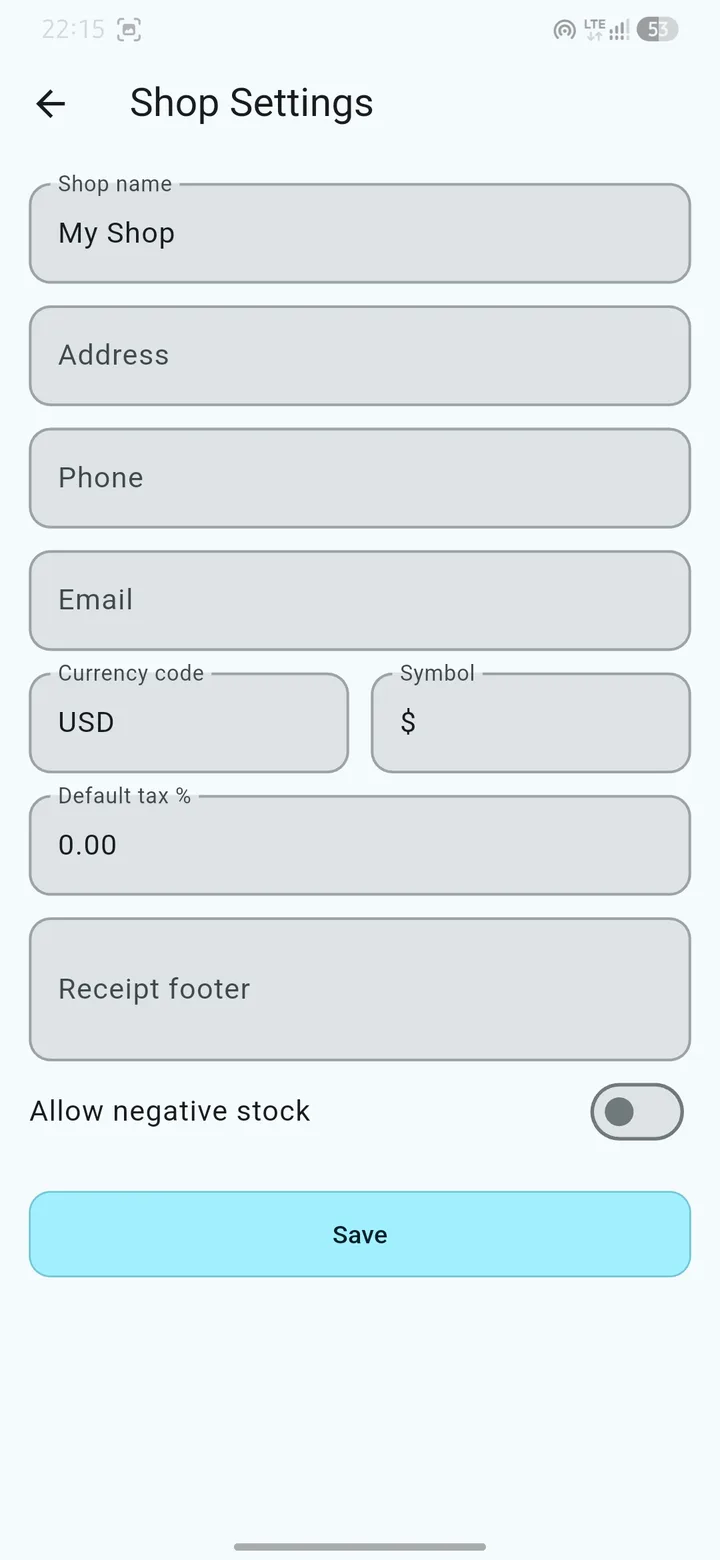 QR Snap Shop Settings with currency, tax, and receipt footer