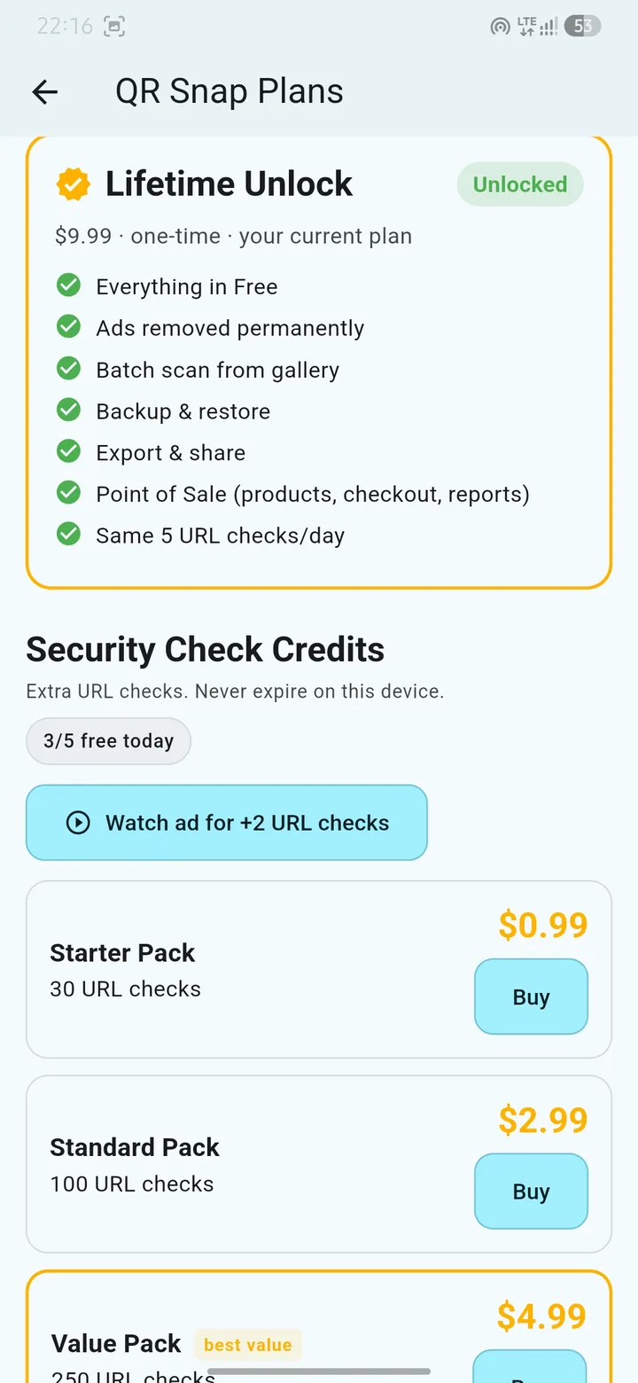 QR Snap Plans with Lifetime Unlock and URL credit packs