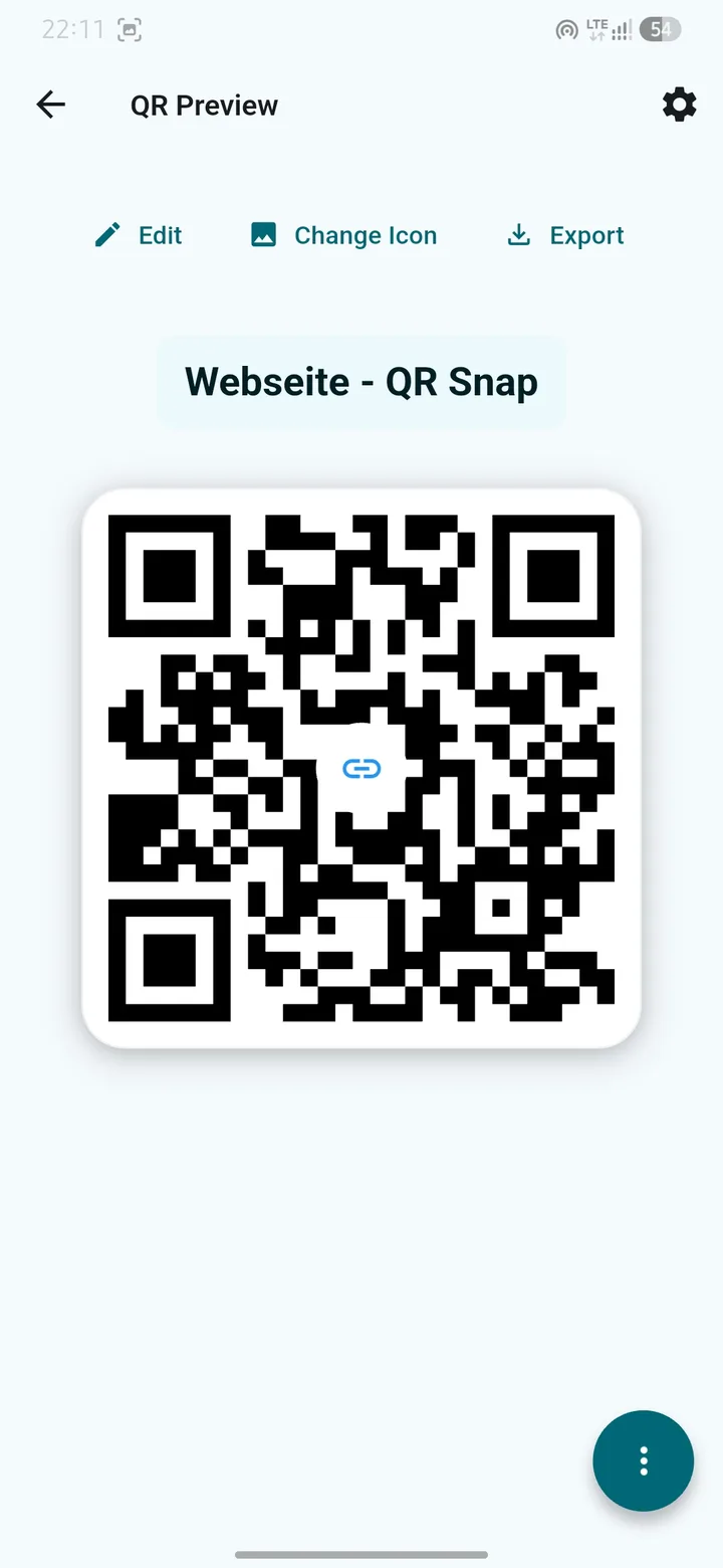 QR Snap QR code preview with edit, icon, and export