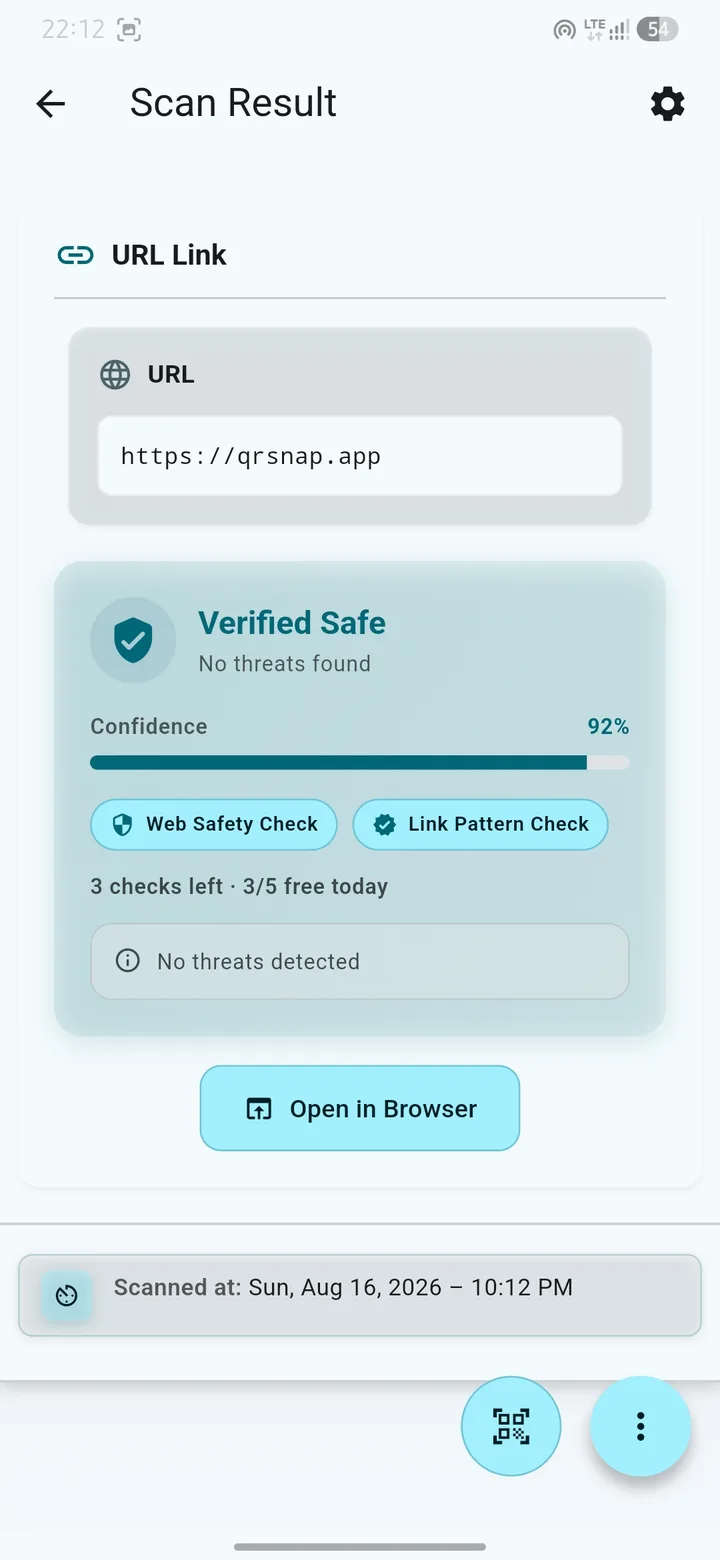QR Snap scan result with URL safety check