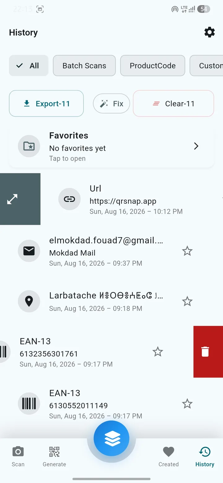 QR Snap scan history with smart filters