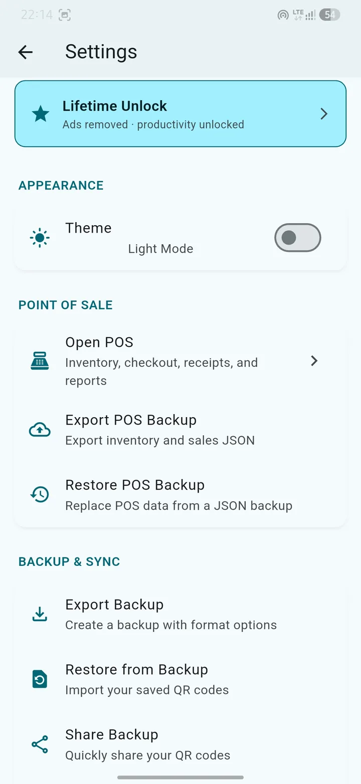 QR Snap Settings with Lifetime Unlock, theme, POS, and backup