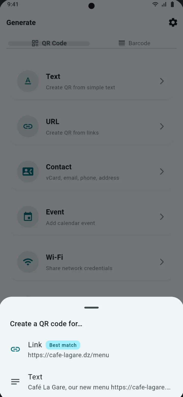 QR Snap Create a QR code for sheet after sharing a link from another app, with Link as the best match